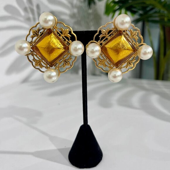 Vintage Yves Saint Laurent Yellow Crystal & Faux Pearl Clip Earrings - Picture 1 of 5